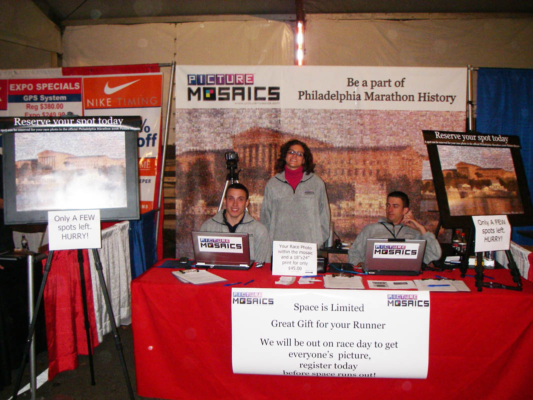 Close-up of the photo mosaic display at the Philadelphia Marathon event.