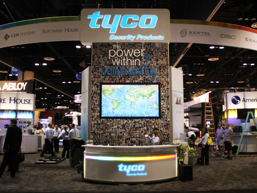 Full view of the Tyco ASIS 2011 booth featuring the Live Digital Mosaic on display screens