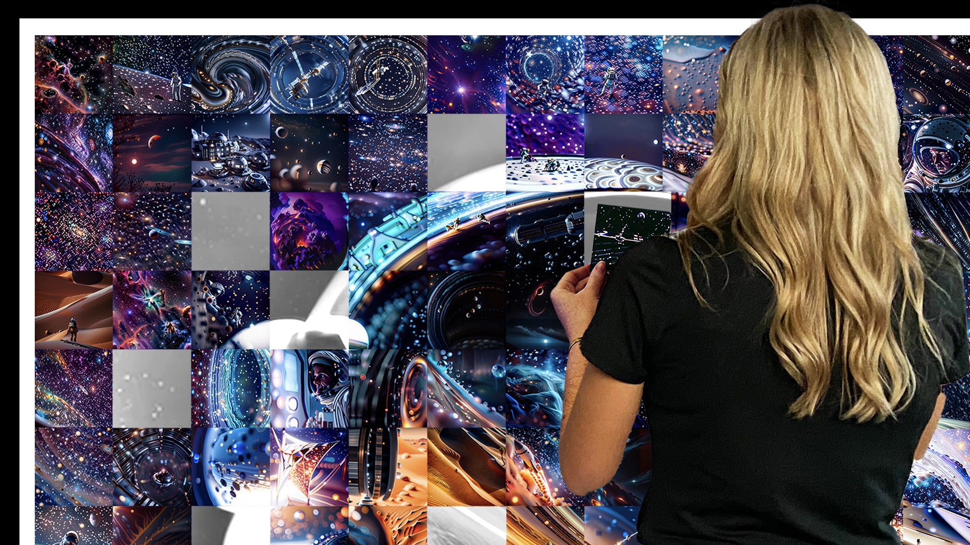 Innovative Ai-generated photo mosaic wall showcasing creative designs without overlays